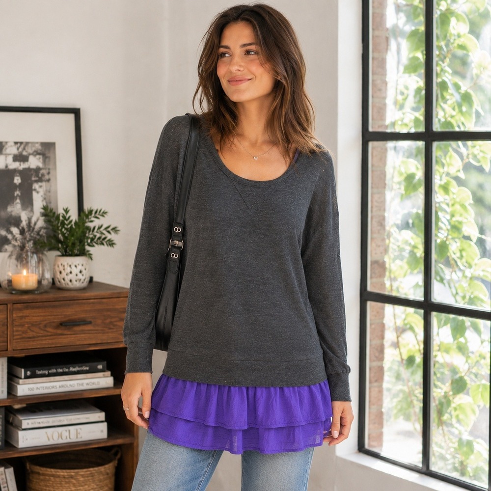 Splendid Y2K Washed Black Scoop Neck Long Sleeve Tunic Purple Mini Dress Size S
